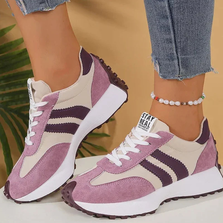 Dames Retro Runner Sneakers – Gestreepte Veterschoenen met Lage Schacht