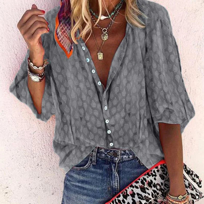 Dames Blouse met Knoopsluiting aan de Voorkant - Gestippelde Textuur
