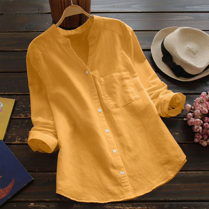 Dames Blouse met Lange Mouwen - Opstaande Kraag en Borstzak