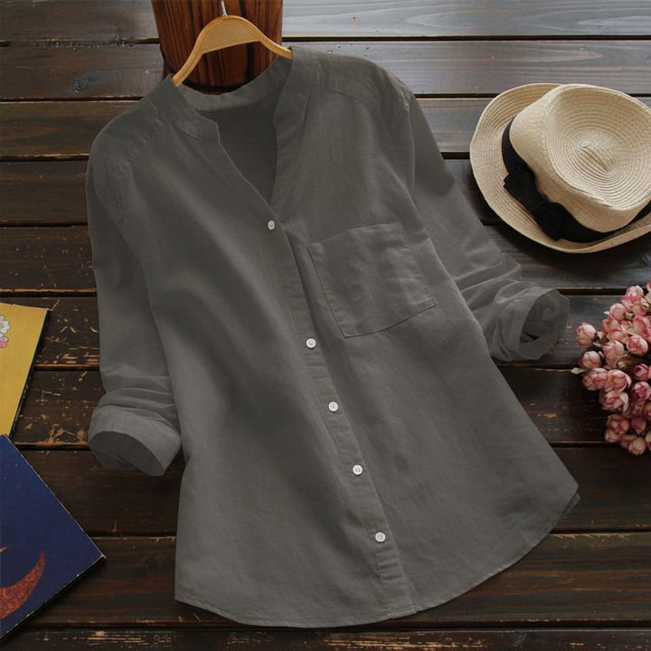 Dames Blouse met Lange Mouwen - Opstaande Kraag en Borstzak