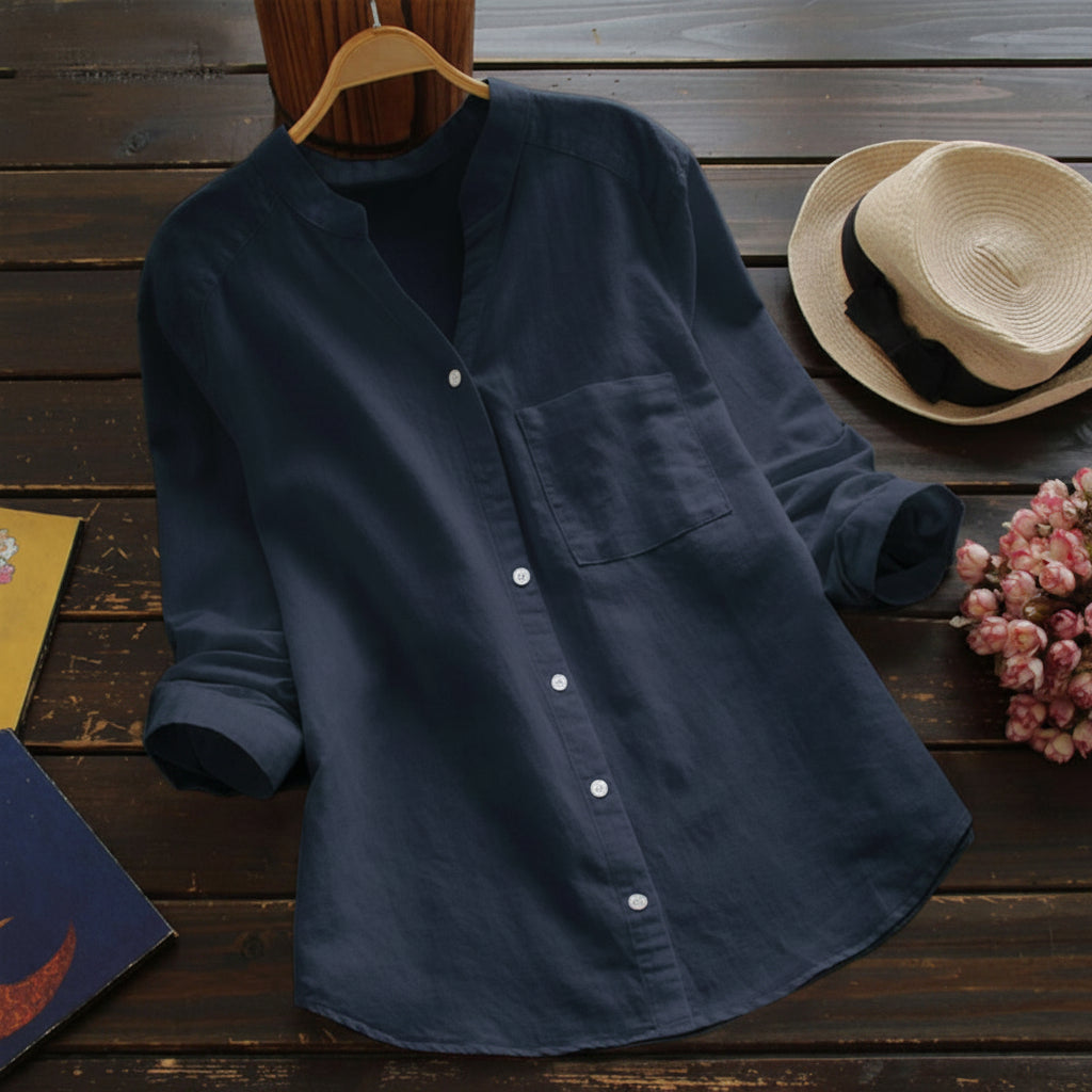 Dames Blouse met Lange Mouwen - Opstaande Kraag en Borstzak