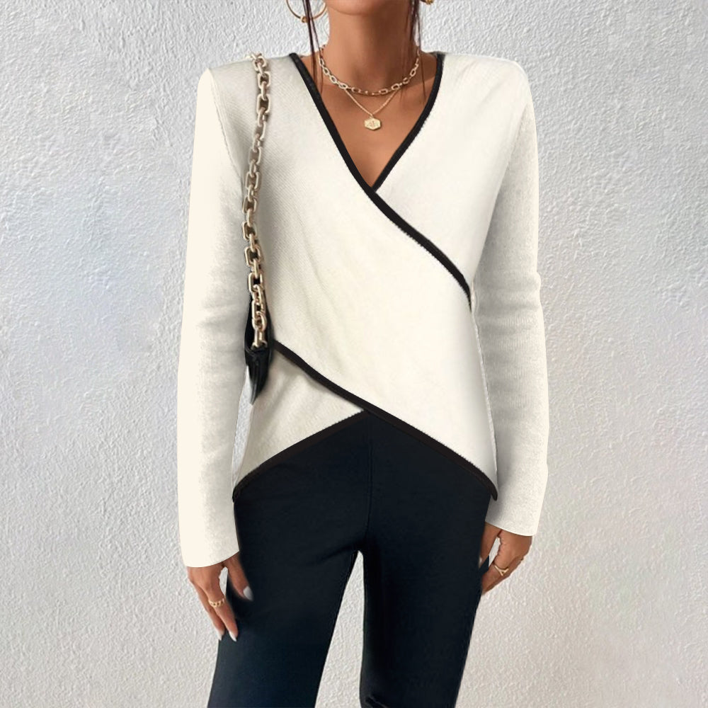 Dames Gebreide Top met Overslag - V-hals met Contrasterende Afwerking