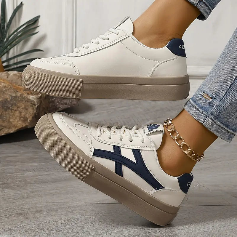 Dames Lage Sneakers Met Veters - Contrasterende Zijstreep En Platformzool