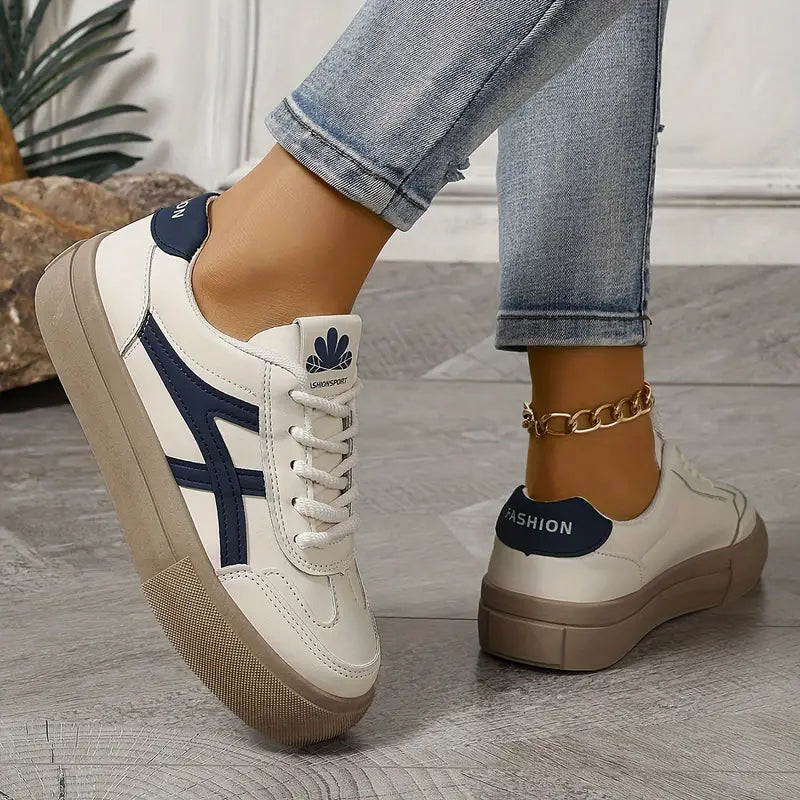 Dames Lage Sneakers Met Veters - Contrasterende Zijstreep En Platformzool
