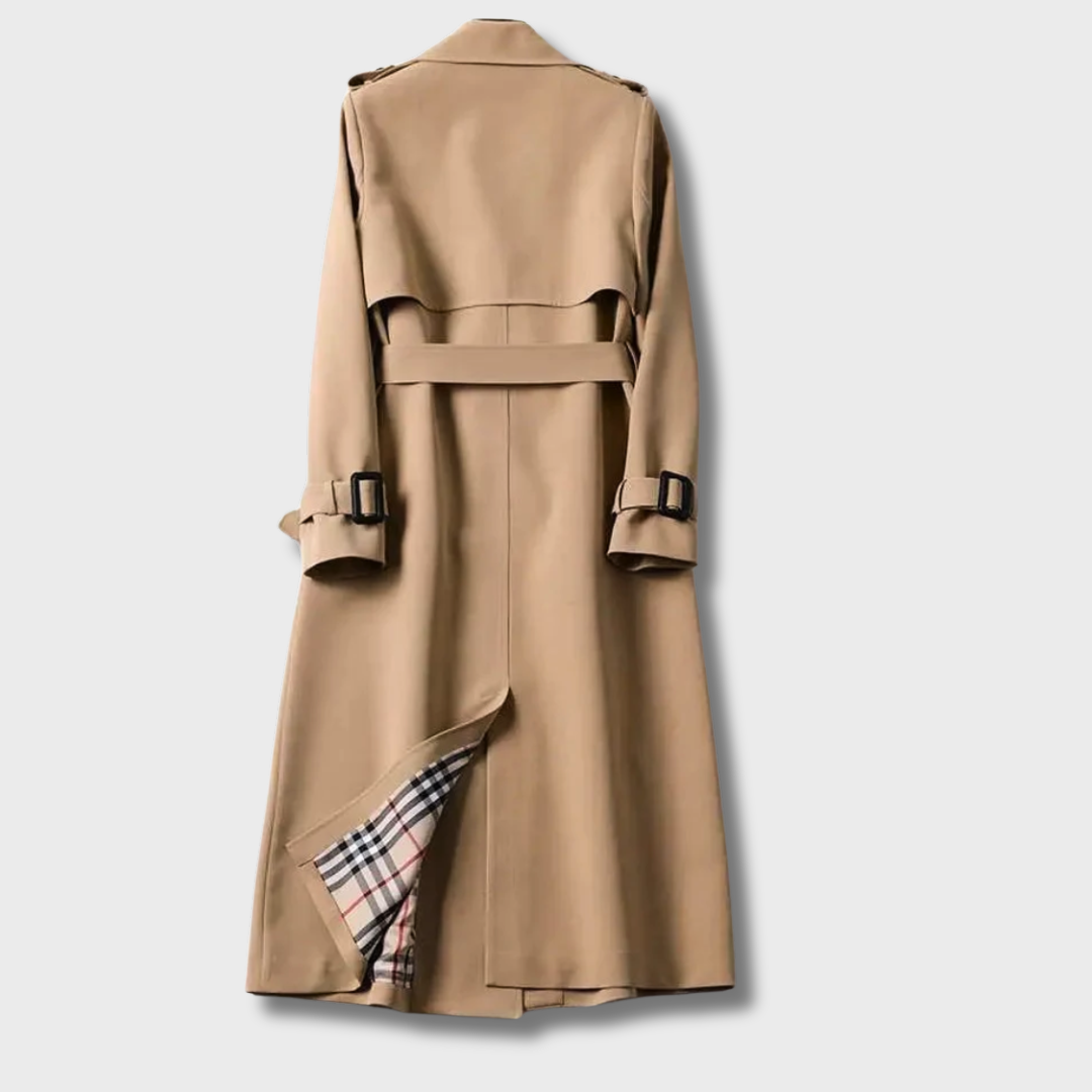 Dames Lange Trenchcoat - Dubbele Knoopsluiting, Ceintuur en Inkepingrevers