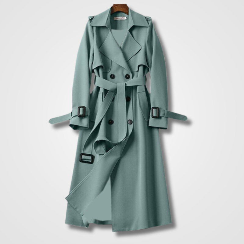 Dames Lange Trenchcoat - Dubbele Knoopsluiting, Ceintuur en Inkepingrevers