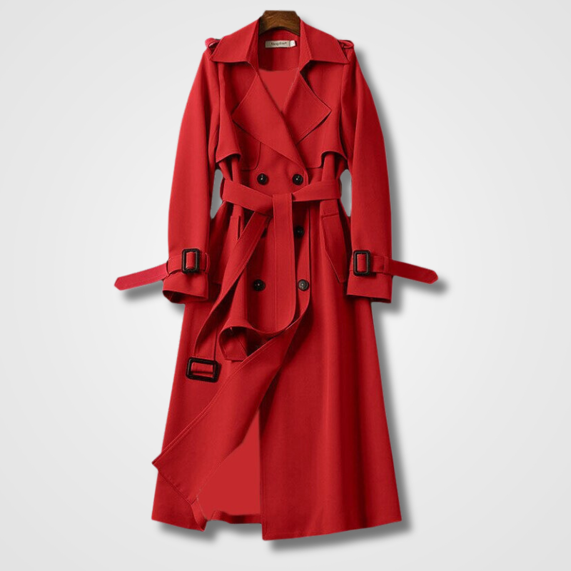 Dames Lange Trenchcoat - Dubbele Knoopsluiting, Ceintuur en Inkepingrevers