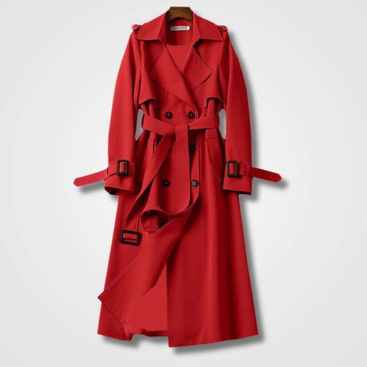 Dames Lange Trenchcoat - Dubbele Knoopsluiting, Ceintuur en Inkepingrevers