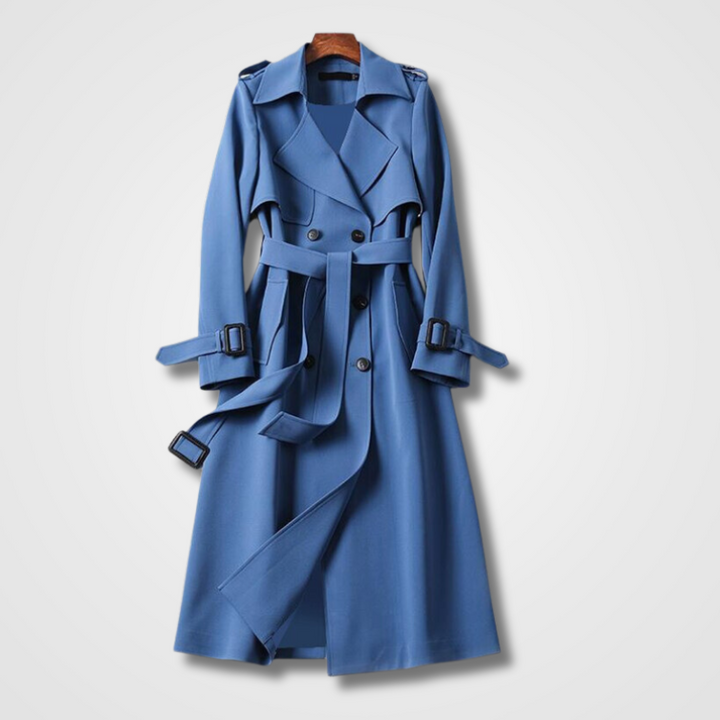 Dames Lange Trenchcoat - Dubbele Knoopsluiting, Ceintuur en Inkepingrevers