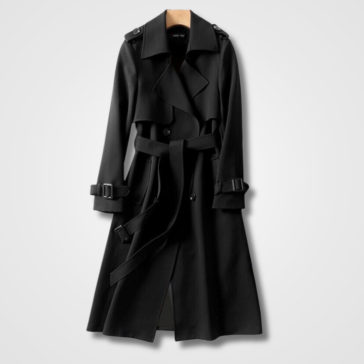 Dames Lange Trenchcoat - Dubbele Knoopsluiting, Ceintuur en Inkepingrevers