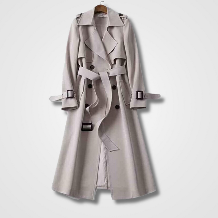 Dames Lange Trenchcoat - Dubbele Knoopsluiting, Ceintuur en Inkepingrevers