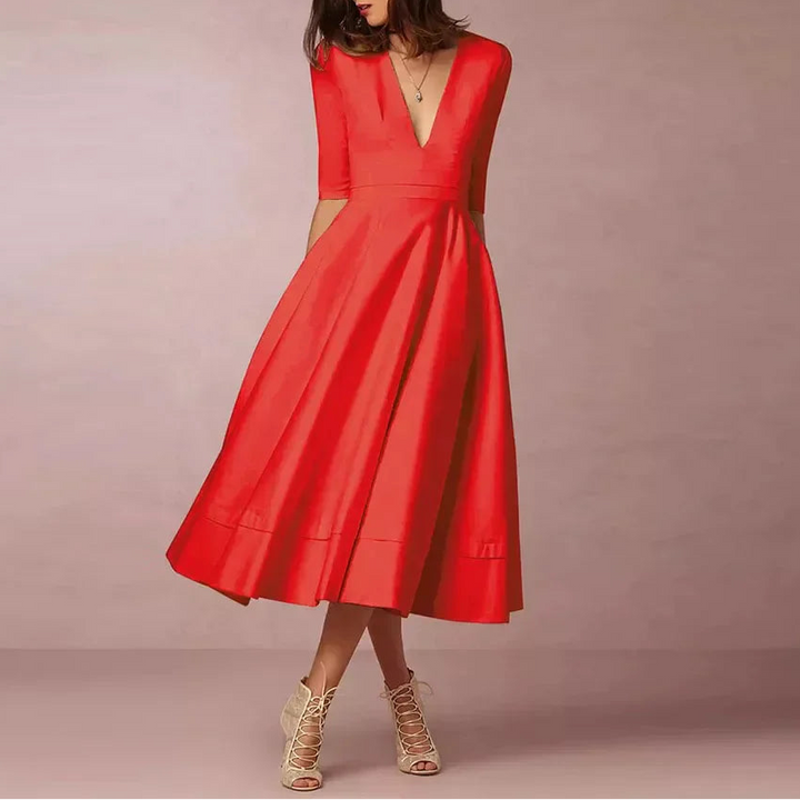 Dames Midi Jurk met Diepe V-hals - Halflange Mouwen en Fit-and-Flare