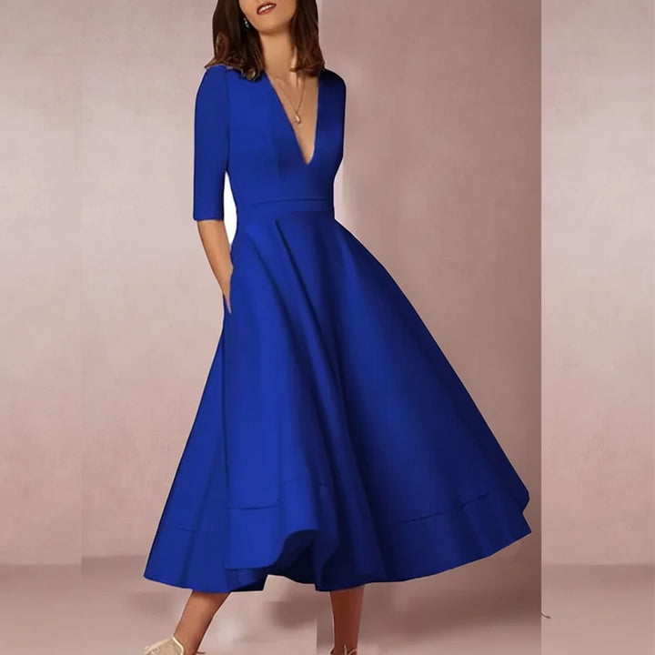 Dames Midi Jurk met Diepe V-hals - Halflange Mouwen en Fit-and-Flare