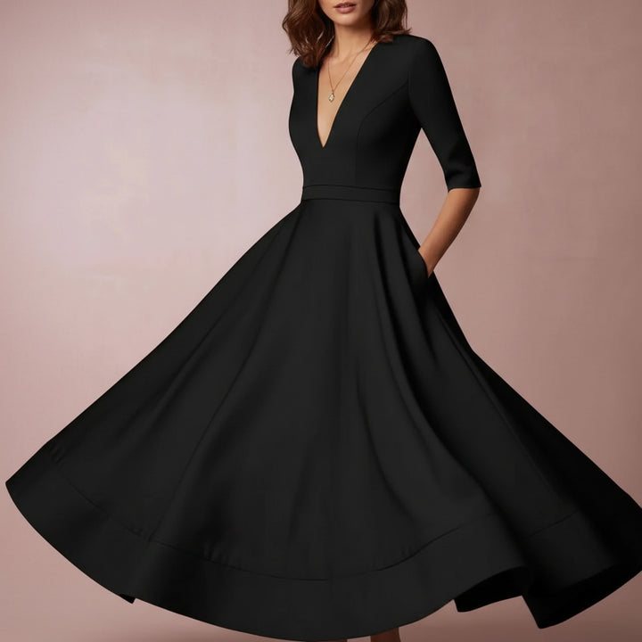 Dames Midi Jurk met Diepe V-hals - Halflange Mouwen en Fit-and-Flare