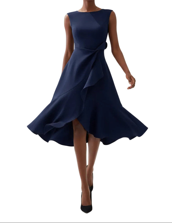Dames Mouwloze Midi Jurk - Boothals met Overslagrok en Volantdetail