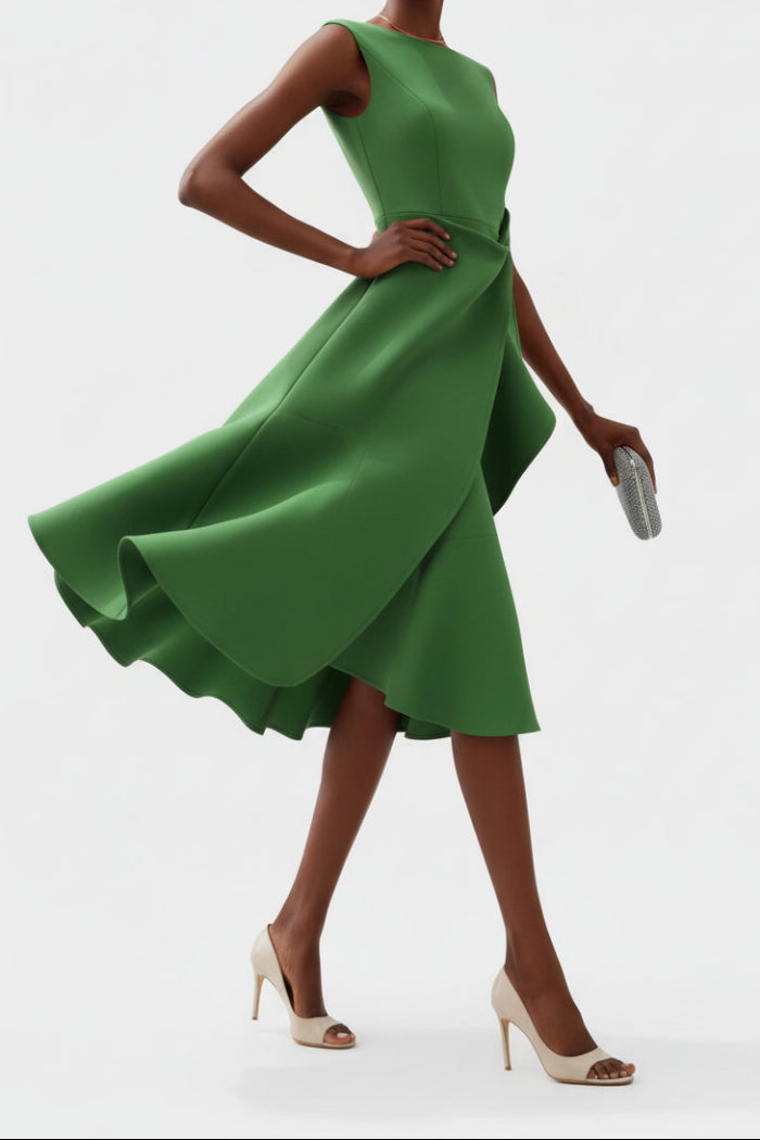 Dames Mouwloze Midi Jurk - Boothals met Overslagrok en Volantdetail