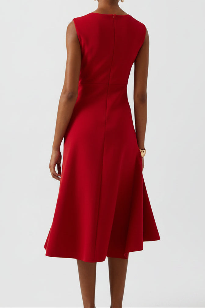 Dames Mouwloze Midi Jurk - Boothals met Overslagrok en Volantdetail