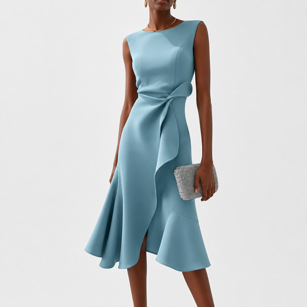 Dames Mouwloze Midi Jurk - Boothals met Overslagrok en Volantdetail
