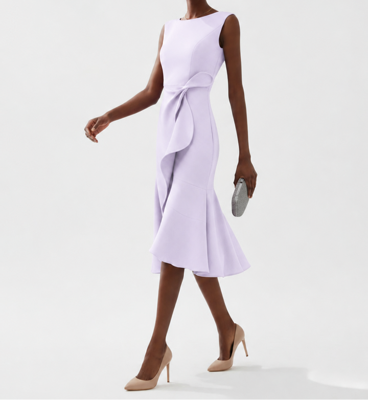 Dames Mouwloze Midi Jurk - Boothals met Overslagrok en Volantdetail