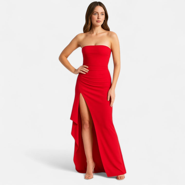 Dames Strapless Maxi Jurk - Hoge Split met Ruches en Kolomsilhouet