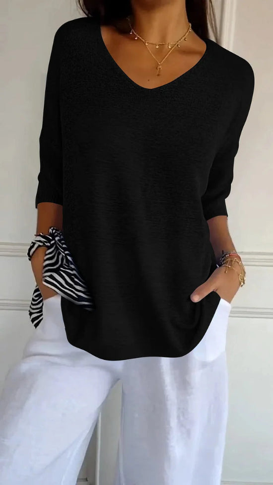 Dames Top met V-Hals - Pullover met Driekwartmouwen