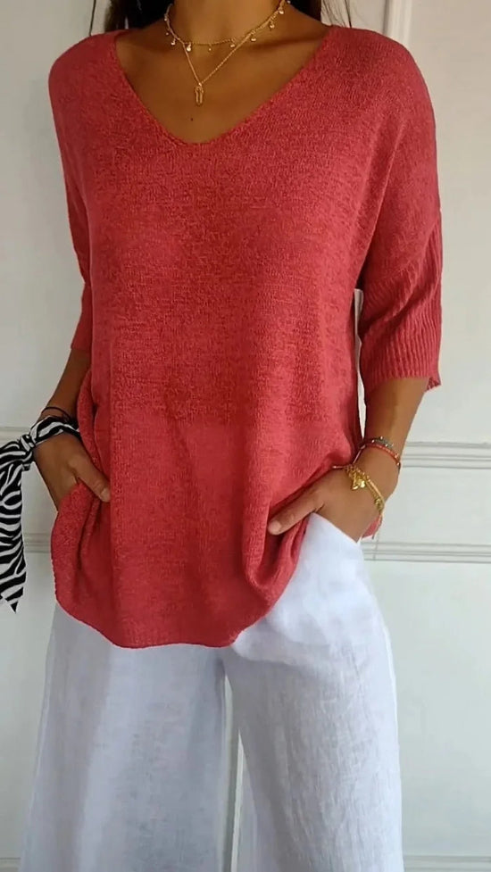 Dames Top met V-Hals - Pullover met Driekwartmouwen