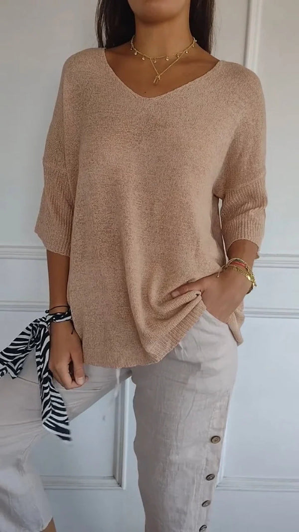 Dames Top met V-Hals - Pullover met Driekwartmouwen