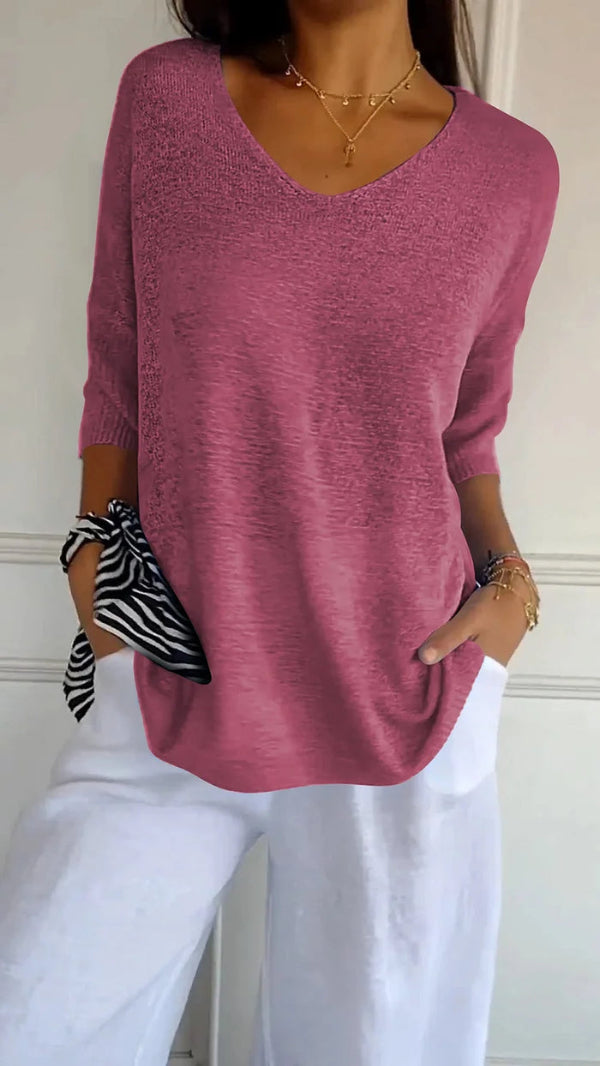Dames Top met V-Hals - Pullover met Driekwartmouwen