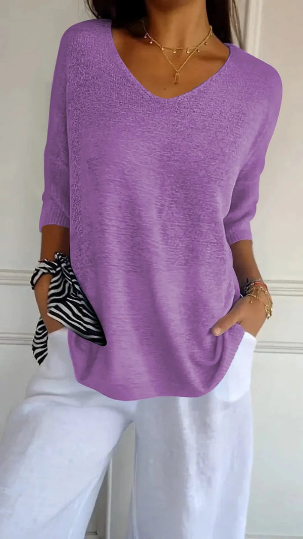 Dames Top met V-Hals - Pullover met Driekwartmouwen