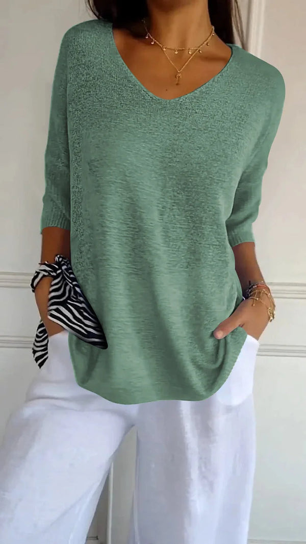 Dames Top met V-Hals - Pullover met Driekwartmouwen