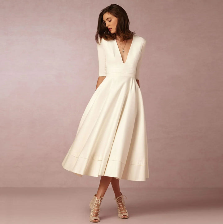 Dames V-Hals Fit-and-Flare Midi Jurk - Halflange Mouwen A-Lijn