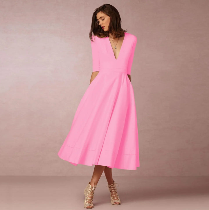 Dames V-Hals Fit-and-Flare Midi Jurk - Halflange Mouwen A-Lijn