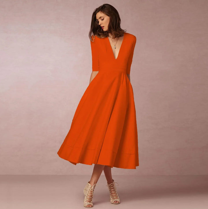 Dames V-Hals Fit-and-Flare Midi Jurk - Korte Mouwen A-Lijn