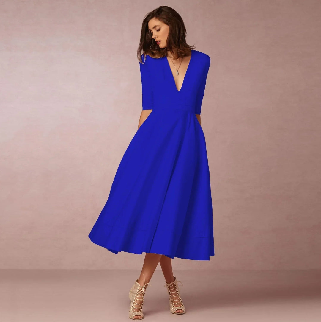 Dames V-Hals Fit-and-Flare Midi Jurk - Korte Mouwen A-Lijn
