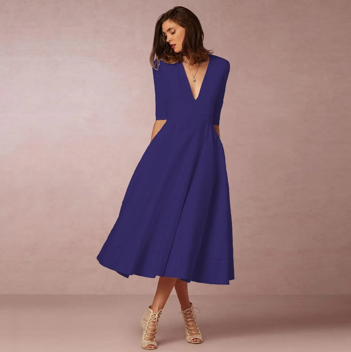 Dames V-Hals Fit-and-Flare Midi Jurk - Halflange Mouwen A-Lijn