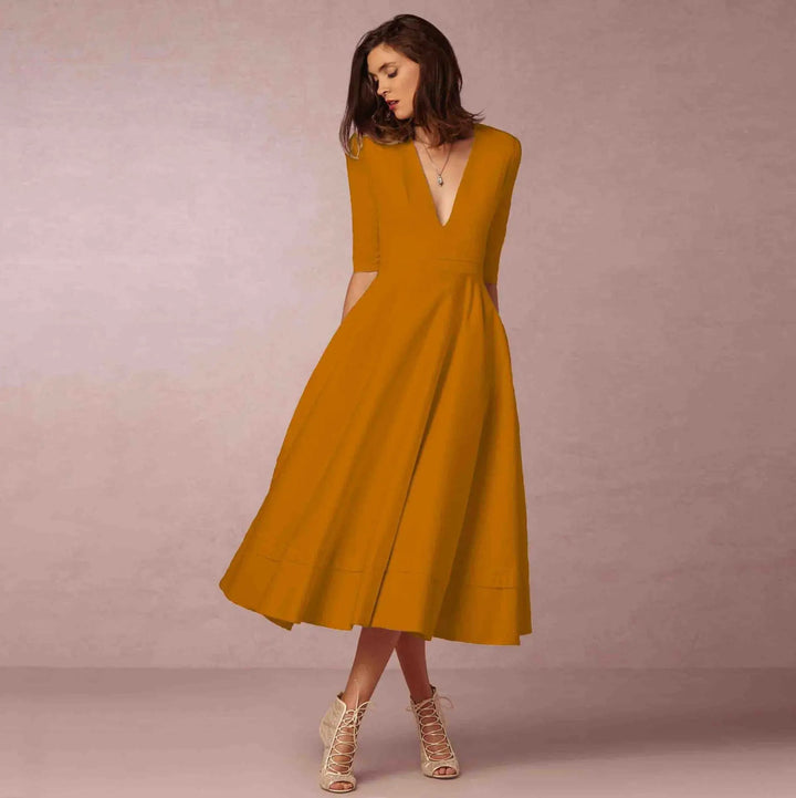 Dames V-Hals Fit-and-Flare Midi Jurk - Halflange Mouwen A-Lijn
