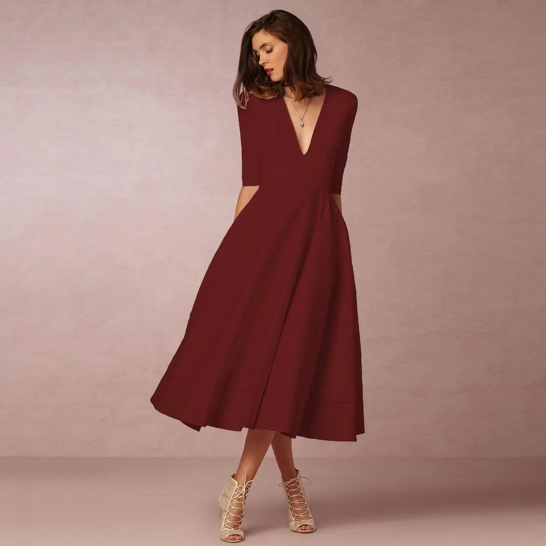 Dames V-Hals Fit-and-Flare Midi Jurk - Halflange Mouwen A-Lijn