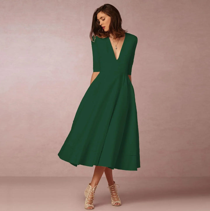 Dames V-Hals Fit-and-Flare Midi Jurk - Halflange Mouwen A-Lijn