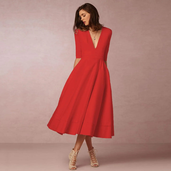 Dames V-Hals Fit-and-Flare Midi Jurk - Halflange Mouwen A-Lijn