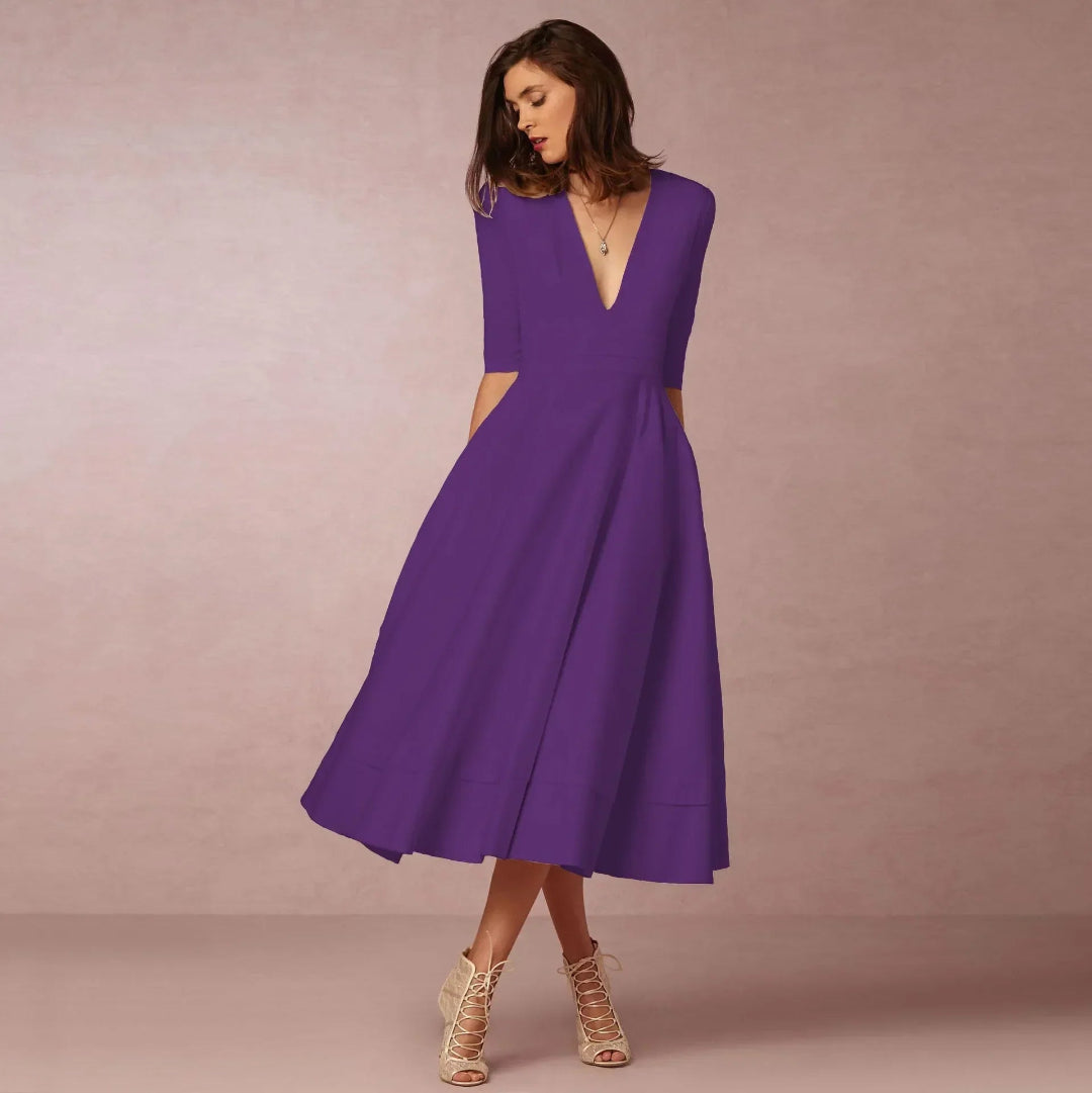 Dames V-Hals Fit-and-Flare Midi Jurk - Halflange Mouwen A-Lijn