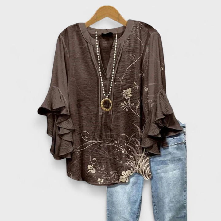 Damesblouse met Bloemenprint - Tuniektop met V-Hals en Ruchesmouwen