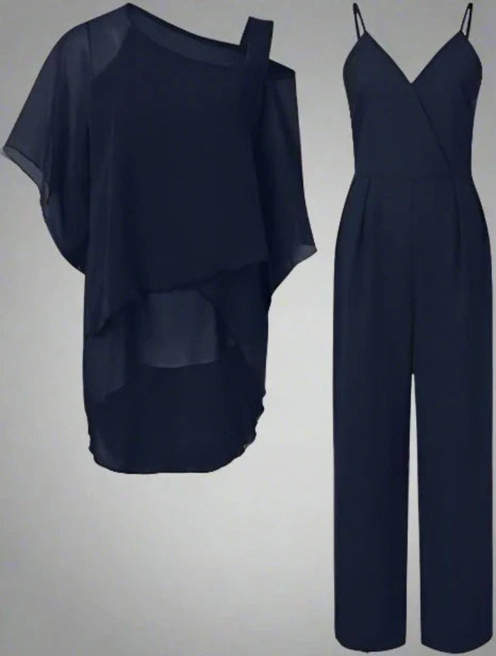 Elegante asymmetrische set met blouse en soepelvallende broek