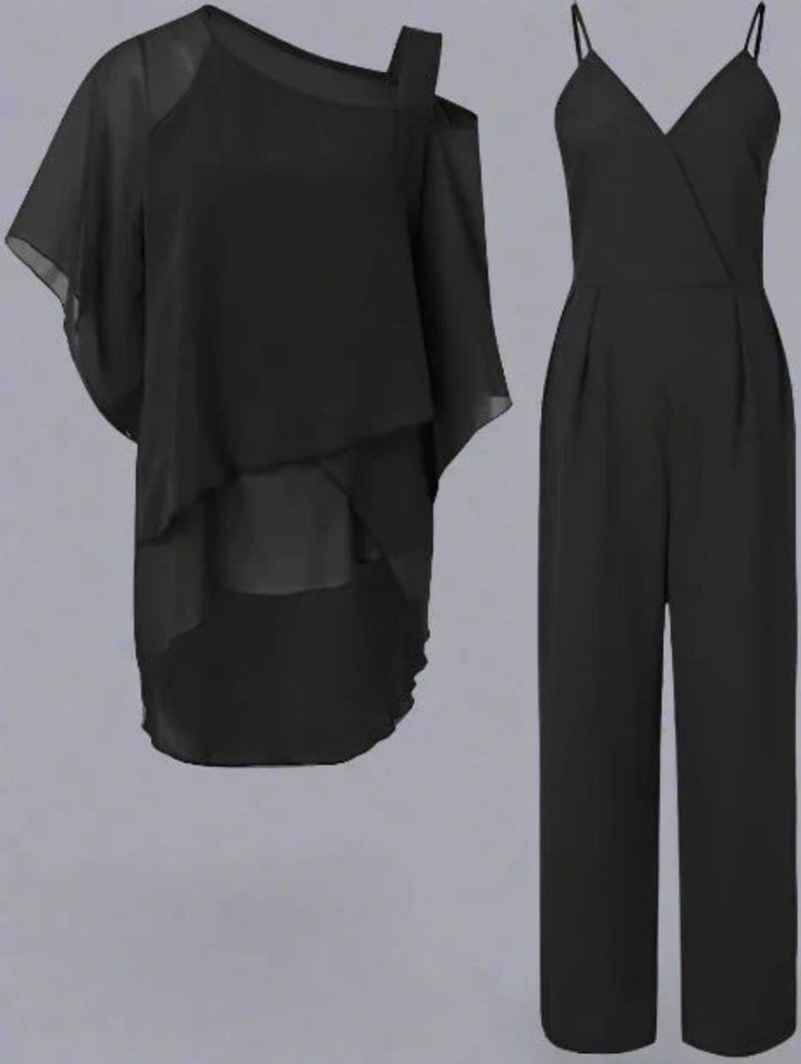 Elegante asymmetrische set met blouse en soepelvallende broek