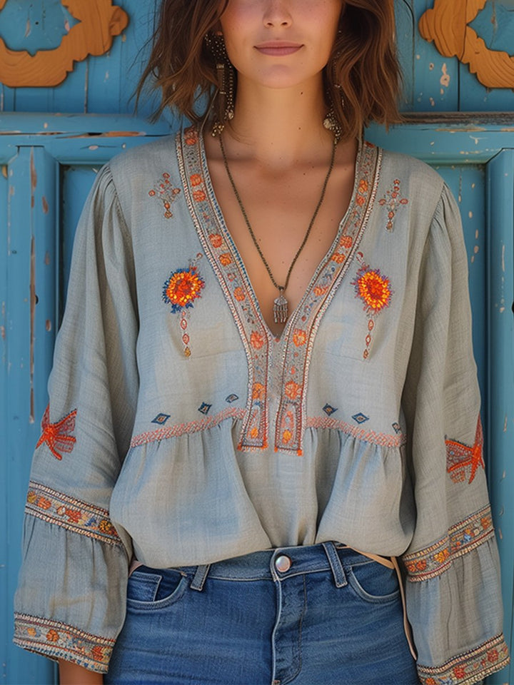 Geborduurde Damesblouse met V-Hals - Bohemian met Lange Mouwen