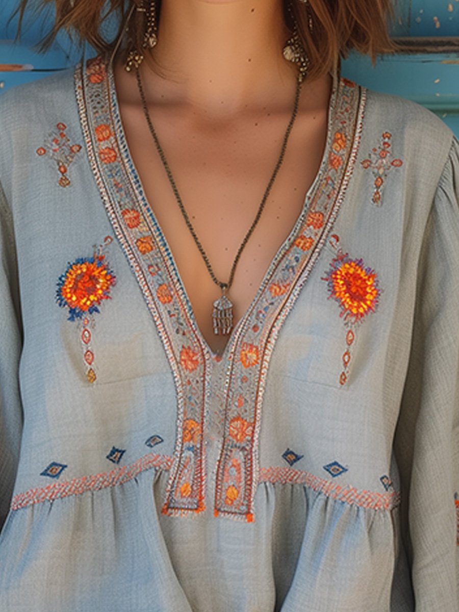 Geborduurde Damesblouse met V-Hals - Bohemian met Lange Mouwen