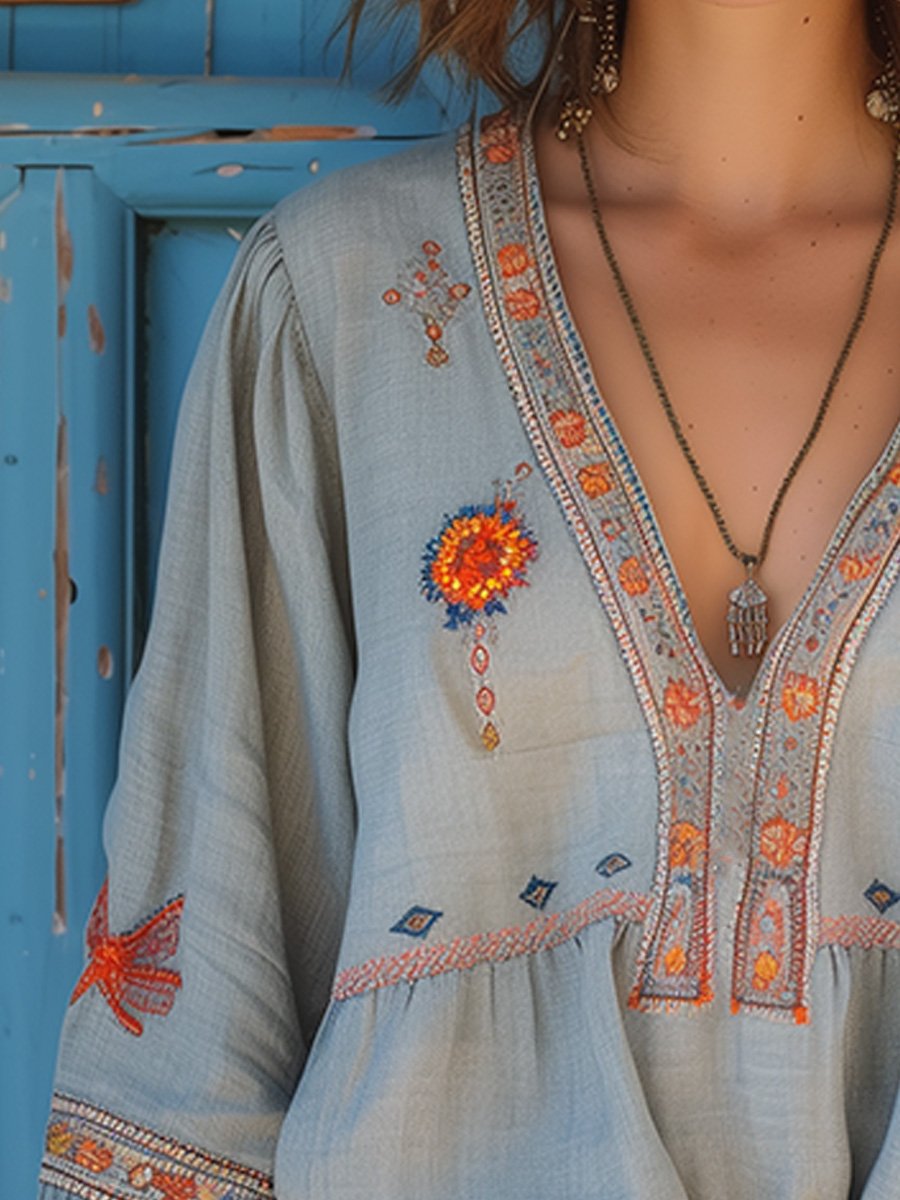 Geborduurde Damesblouse met V-Hals - Bohemian met Lange Mouwen