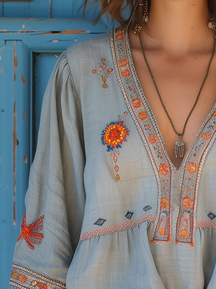 Geborduurde Damesblouse met V-Hals - Bohemian met Lange Mouwen