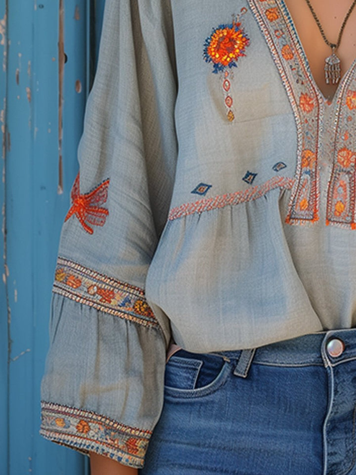Geborduurde Damesblouse met V-Hals - Bohemian met Lange Mouwen