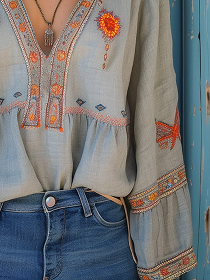 Geborduurde Damesblouse met V-Hals - Bohemian met Lange Mouwen