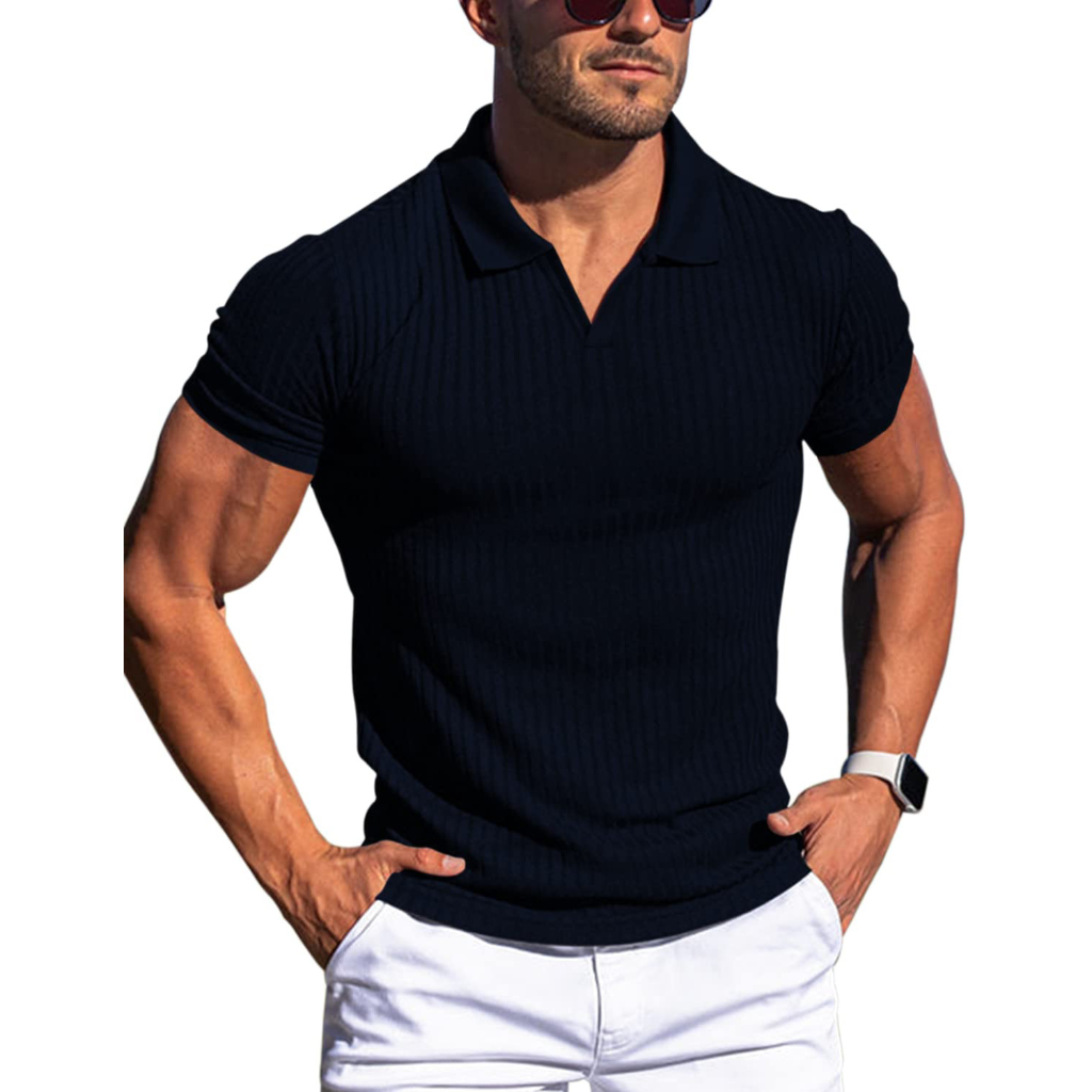 Heren Geribd Poloshirt - Johnnykraag met Korte Mouwen